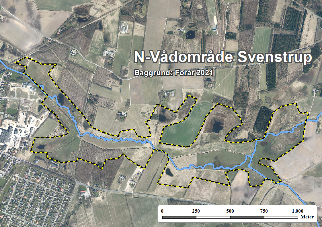 Projektområdet vist med de nye vandløbsslyngninger
